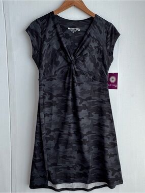 Soybu Black and Gray Camo Twist-Knot Cap Sleeve Mini Dress